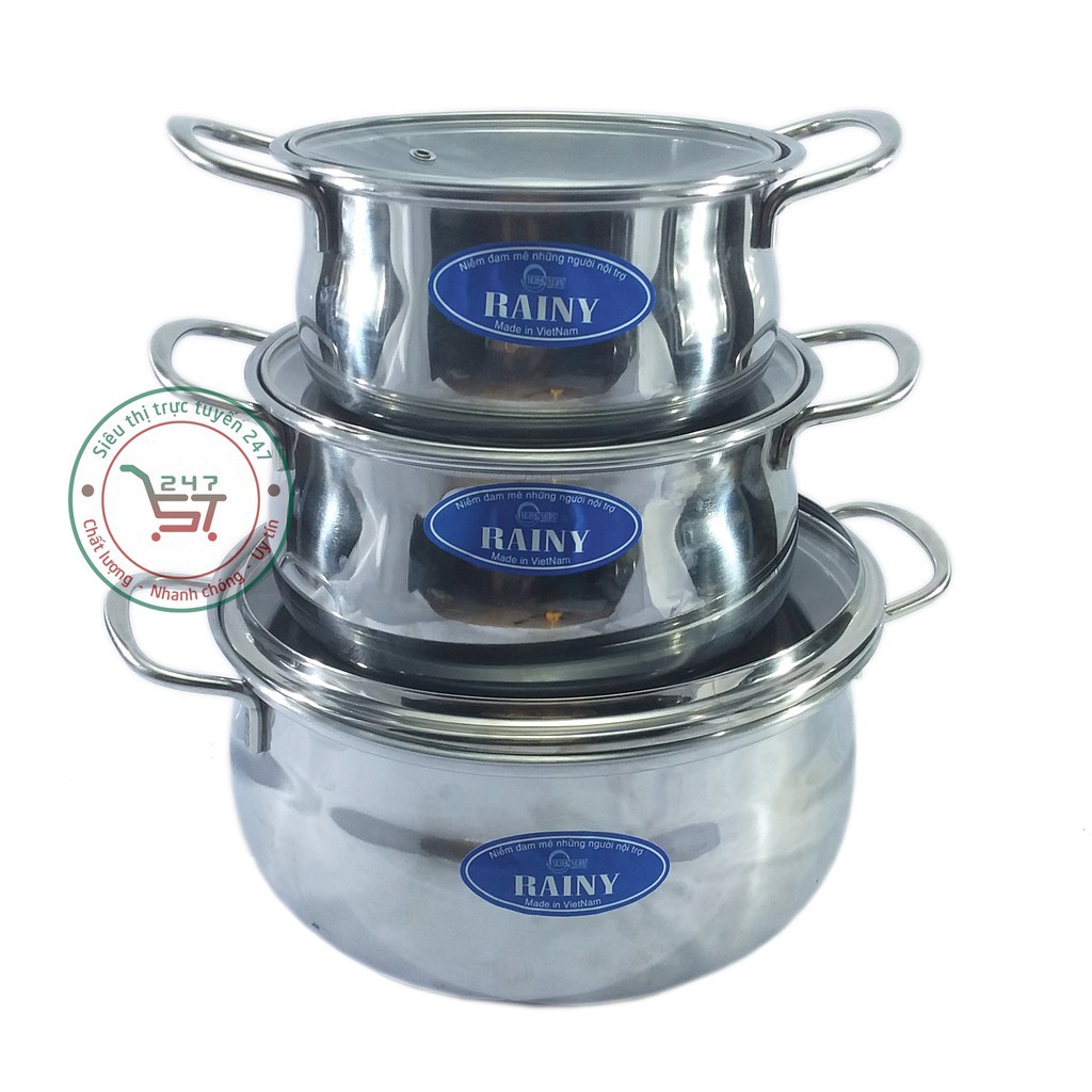 Bộ nồi inox 3 cái thân bầu nắp thủy tinh Rainy RN06THANBAU bền đẹp sáng bóng