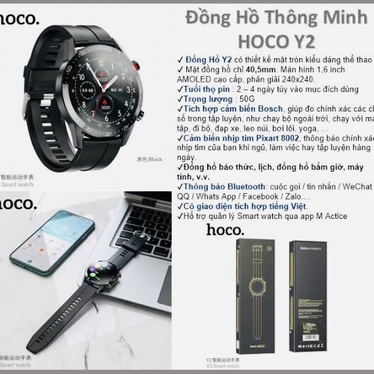 [BH 1 ĐỔI 1]Đồng hồ đeo tay/thông minh [CHÍNH HÃNG] Hoco Y2, Pin trâu 15 ngày, Đàm thoại, Chống nước, Size 45,3mm