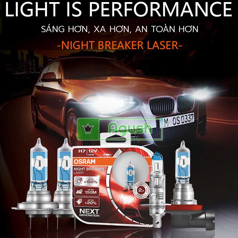 Đèn Halogen trợ sáng ô tô Osram Night Breaker Laser chân H4 12v 60-55W lắp đèn pha siêu sáng hơn 150% chùm sáng tới 150m