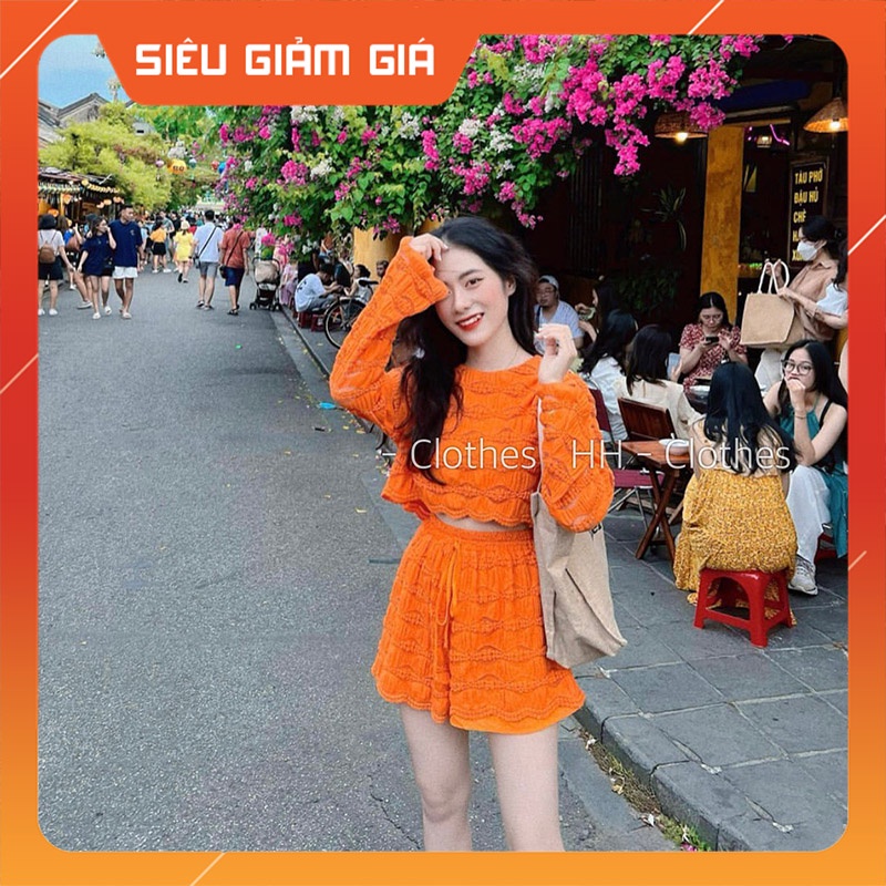 Set Bộ Xốp Dập Sóng Áo Croptop Tay Dài Leo Kèm Quần Short SB2080-Teen 888