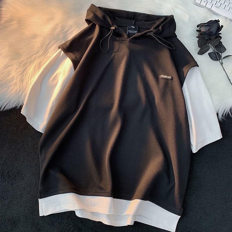 Set Đồ Thể Thao Có Áo Hoodie Tay Ngắn Giả Hai Lớp + Quần Short Plus Size Cho Nam