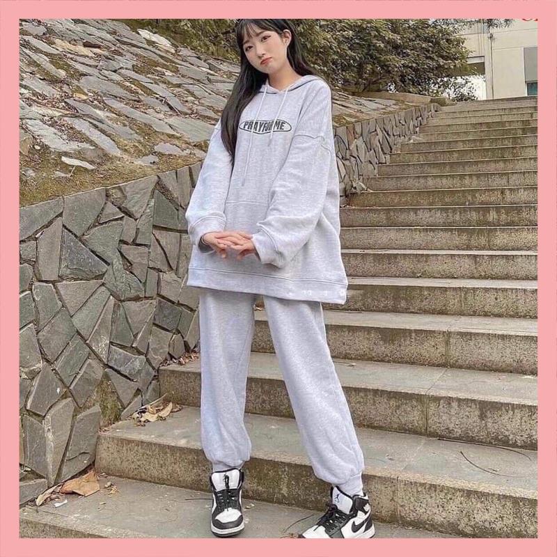 Sét Bộ thu đông Pray, HuG Nam Nữ Ulzzang tay bồng kèm quần Bom Chun ống🌸Set Thu Đông sweater dài tay🍀Đồ mặc nhà ngủ