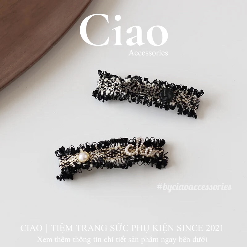 [HOẢ TỐC 1H] Kẹp tóc/ Phụ kiện tóc vải tweed đính charm mã gam đen 22 sang trọng Ciao accessories