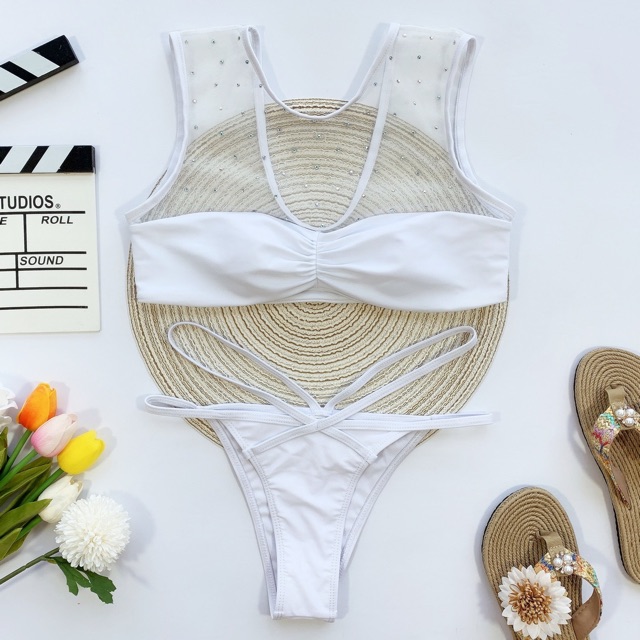 [BKN706] &lt;ÂU&gt; SET BIKINI CROPTOP TRẮNG MIX ĐÁ LITI