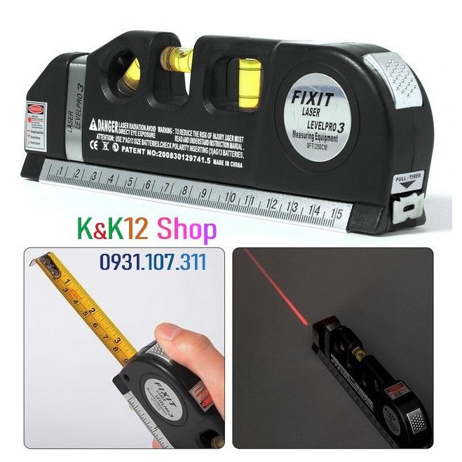 Thước thuỷ Nivo cân mực laser da năng F2018 Fixit Laser Levelpro3 với 2 tia dọc ngang + Tặng Kèm 3 Viên Pin