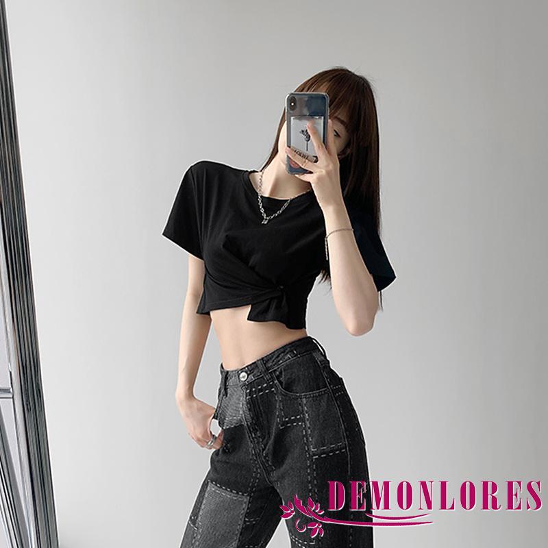 Áo Thun Croptop Ngắn Tay Cổ Tròn Màu Trơn Thiết Kế Độc Đáo Thời Trang Cho Nữ