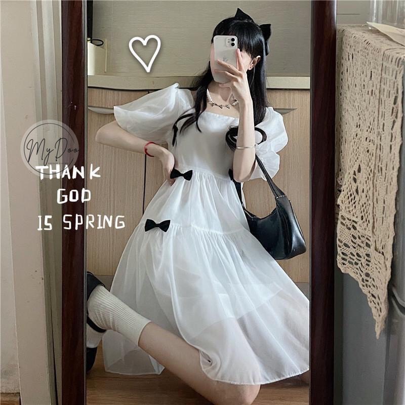Đầm tiểu thơ xinh xắn HOT TREND Váy trắng đính nơ Váy dáng dài, cổ vuông siêu xinh cho nàng [Kèm ảnh thật 100%] | BigBuy360 - bigbuy360.vn