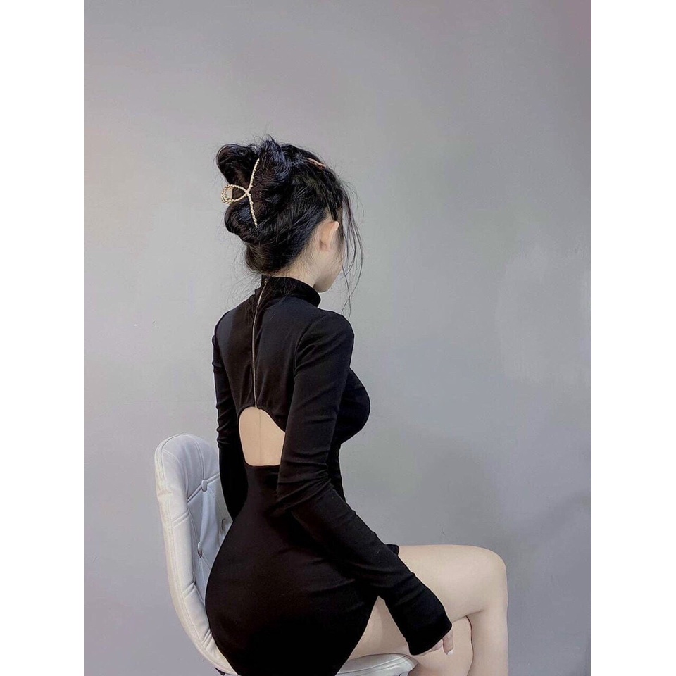 Đầm body sexy dáng ôm hở lưng dây kéo sau lưng, đầm thun đen cổ cao tay dài dáng ngắn dạo phố cực tôn dáng, dễ thương