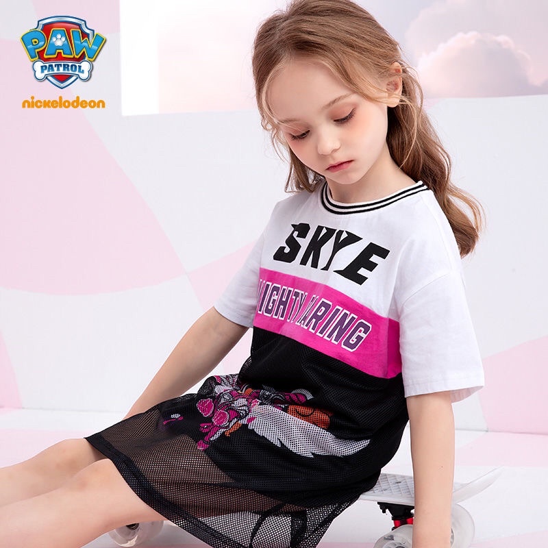 Váy thun cotton phối lưới hình chó cứu hộ hồng Skye cho bé