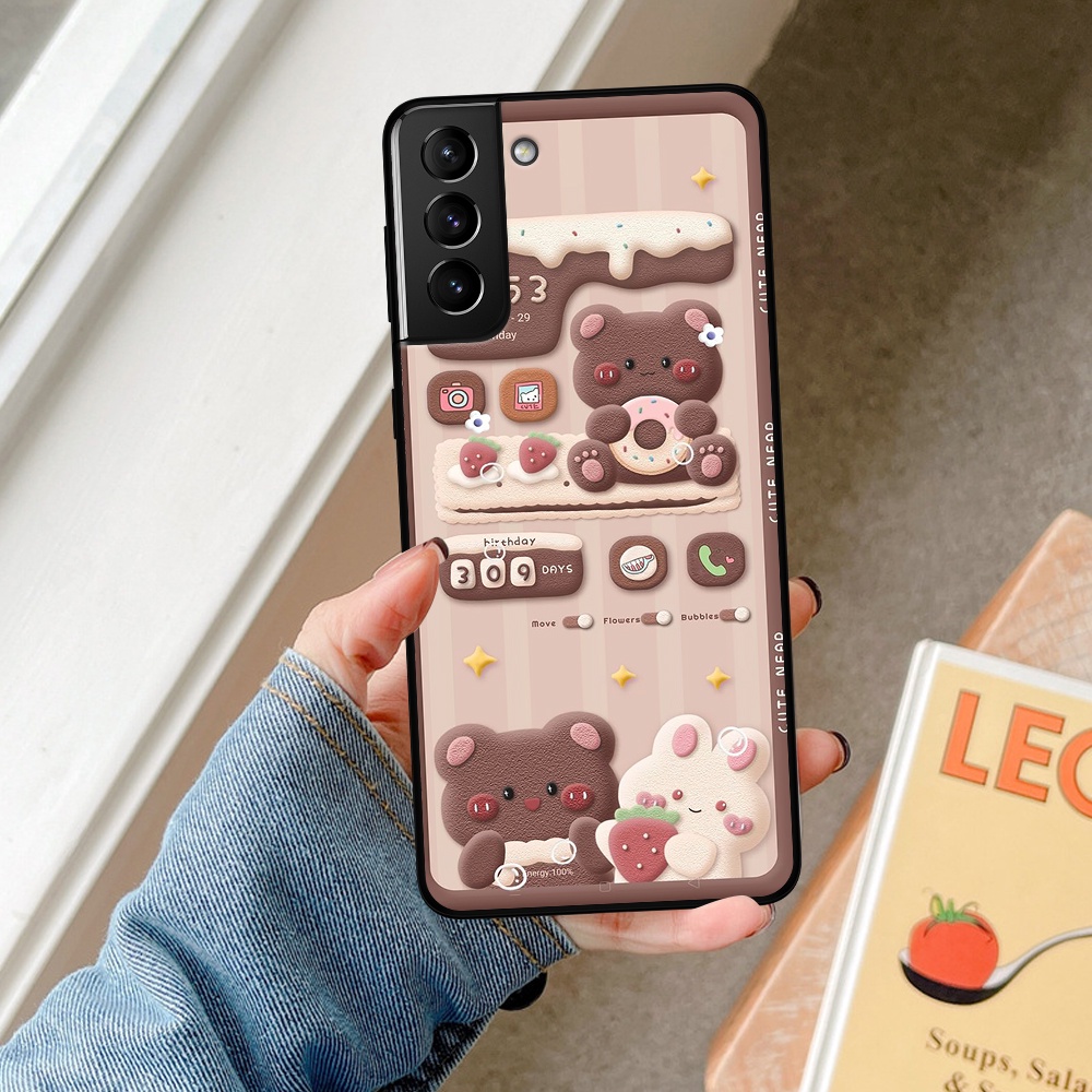 Ốp lưng Samsung S21 FE/ S21/ S21 Plus/ S21+ / S21 Ultra hoạ tiết gấu 3D, nền kẻ caro dễ thương