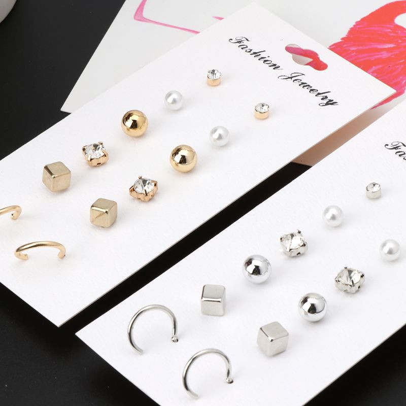 Set 6 cặp khuyên tai kiểu dáng hình học không cân xứng đính ngọc trai giả thời trang cho nữ