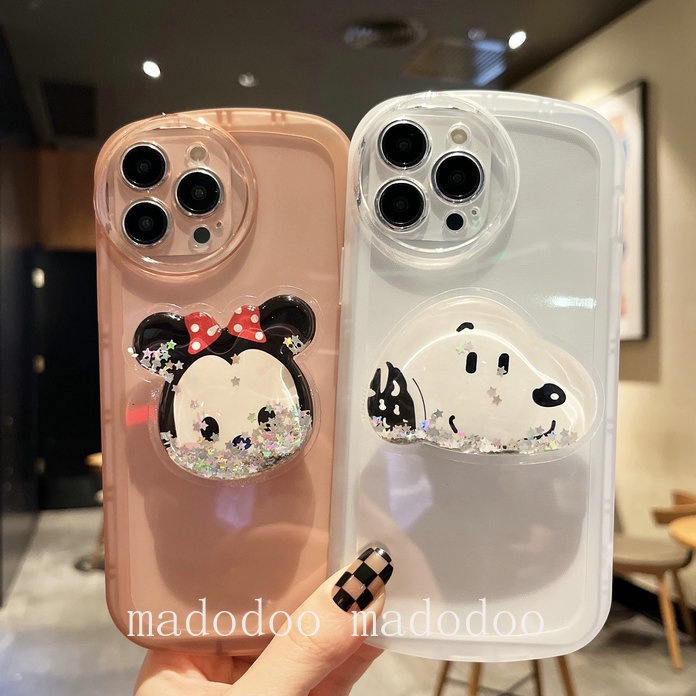 Clear Casing For iPhone 14 Pro Max 14Pro 14Plus 14ProMax 13 12 Mini Cute Snoopy Mickey Minnie Donald Duck Daisy Couple Quicksand Stand Round Airbag Shockproof Clear Soft Phone Case Full Fine Hole Protection Back Cover NKS 13