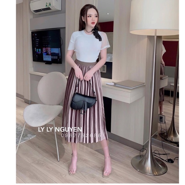 Chân váy xếp ly nhung - Mặc 2 kiểu