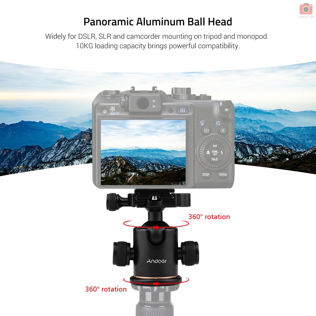 【fash】Andoer Aluminum Camera Panoramic Damper Ball Head Tripod Head 10KG Payload 360° Swivel 90° Flip with Quick Release Plate Scaled Plate Dual Bubble Level Universal 1/4in 3/8in Mounting