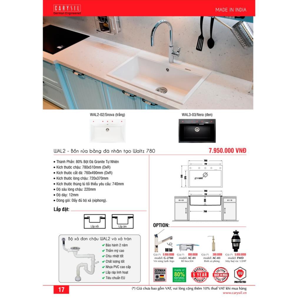 Chậu Rửa Chén CARYSIL Bằng Đá Hố Đơn Loại Lớn - WAL2-02 - Màu Trắng - 780x510mm