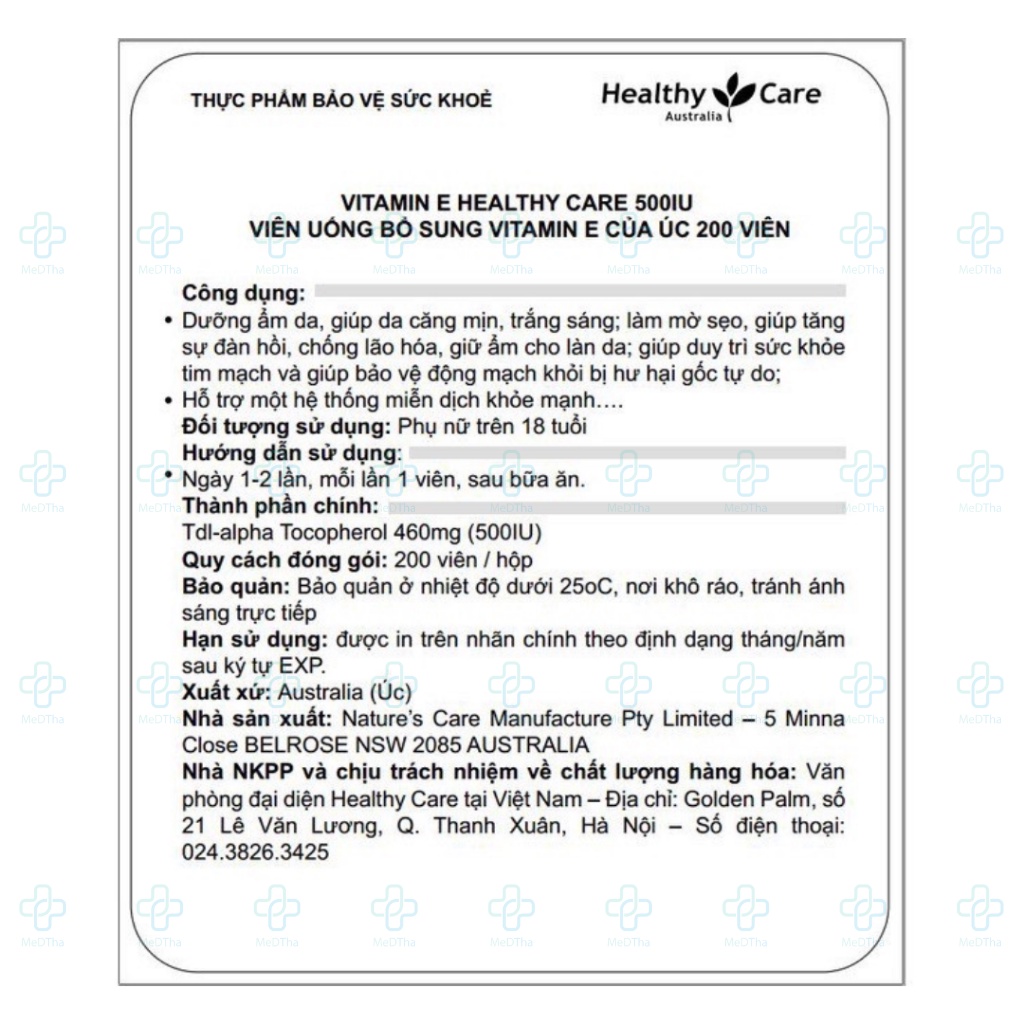 Vitamin E Healthy Care - Trắng Da, Mờ Thâm, Chống Lão Hóa, Dưỡng Ẩm Da (Lọ 200 Viên) [Chính Hãng]