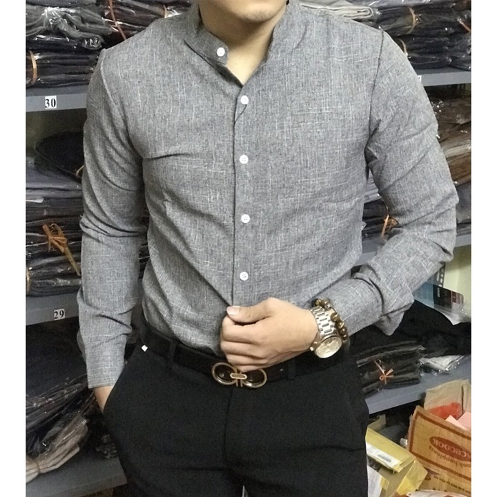 Áo Sơ Mi Xám Dáng Ôm Body Cổ Tàu | BigBuy360 - bigbuy360.vn