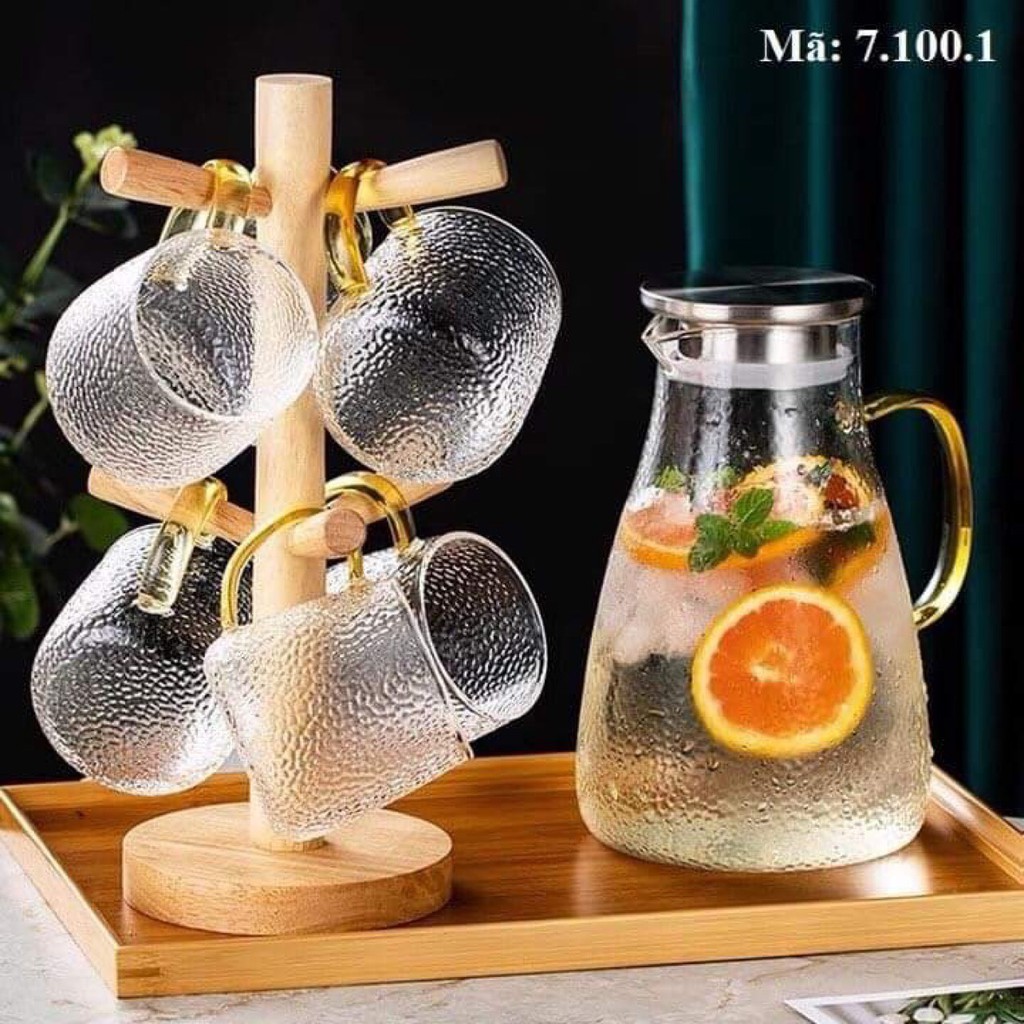 Bình nước 6 cốc thủy tinh vân nhám quai vàng kèm khay gỗ