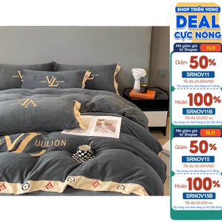 Bộ chăn ga gối nỉ nhung thêu thương hiệu lv sang trọng shop chiếu cao su