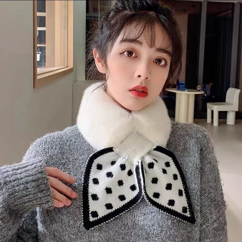 Khăn lông quàng cổ cài nơ chấm bi cho nữ FUHA, khăn choàng cổ giữ ấm mùa đông