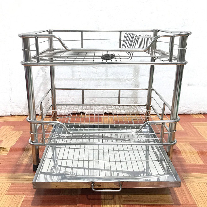 Kệ ống 2 tầng úp chén-úp dĩa INOX cao cấp SUS304 khay hứng nước - KO2T-45DKI3-