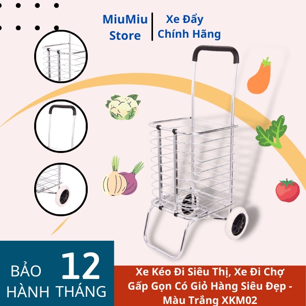 Xe Kéo Đi Siêu Thị, Xe Đi Chợ Gấp Gọn Có Giỏ Hàng Siêu Đẹp -Màu Trắng XKM02