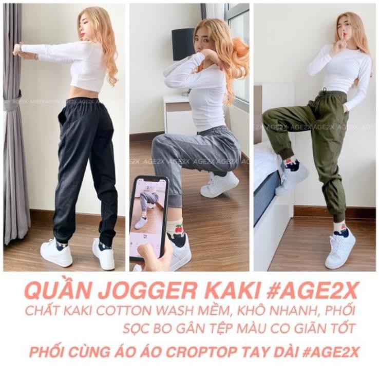 Quần jogger nữ unisex chất kaki cotton phối sọc gân co giãn wash mềm thấm hút tốt khô nhanh chính hãng AGE2X hàng vnxk | BigBuy360 - bigbuy360.vn