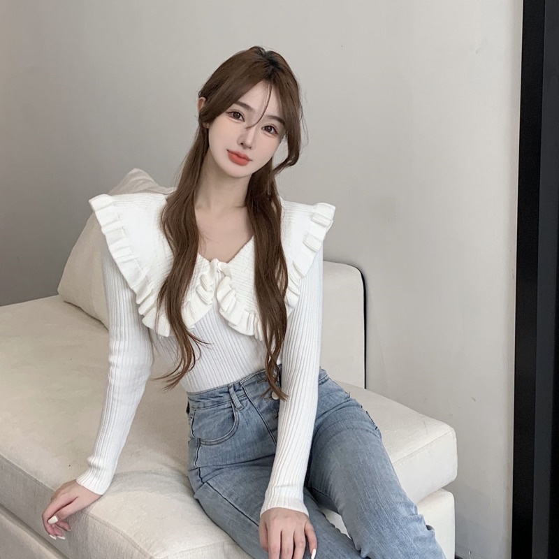 Áo dệt kim tay dài viền lá sen trễ vai thời trang thu đông cho nữ