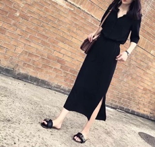 Sơ mi liền váy xẻ tà đen XL