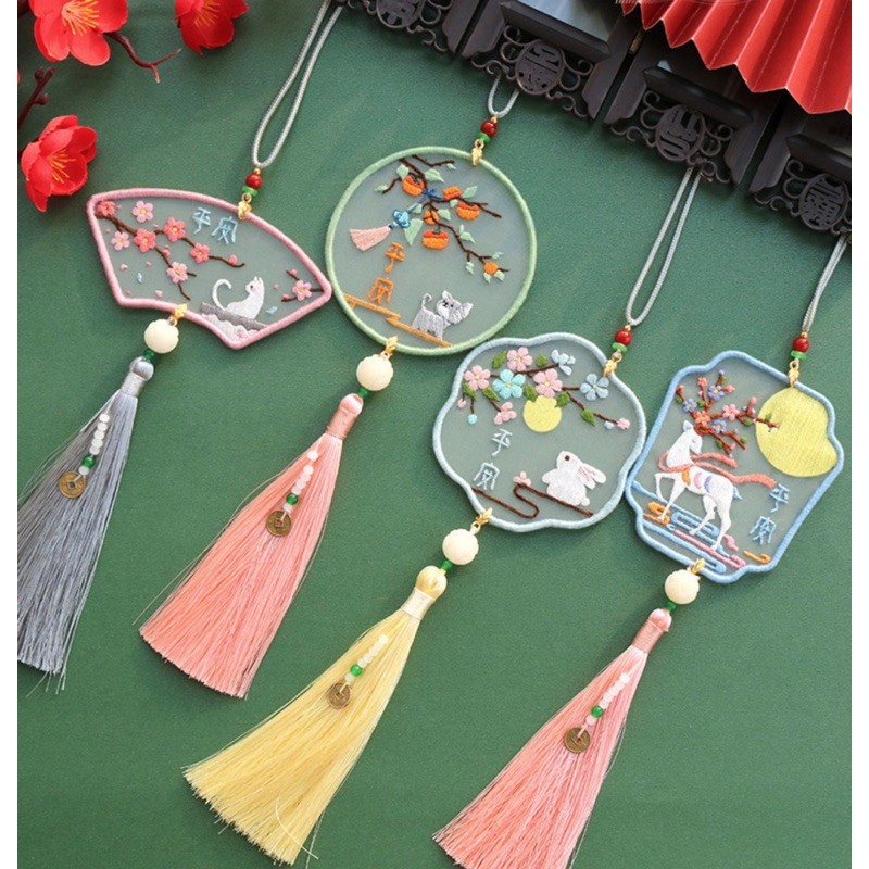 Bộ kit Diy tập thêu cổ phong bookmark đọc sách trang trí áo dài vintage nguyên liệu đầy đủ decor phòng thủ công lenmade