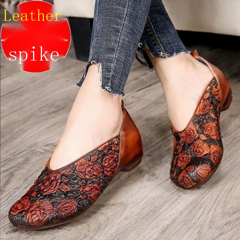Giày Slip-On Nữ Đế Mềm Thêu Họa Tiết Thổ Cẩm Bằng Da 2022