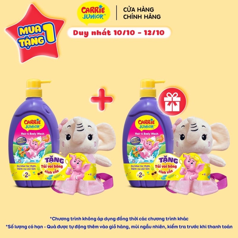 Sữa Tắm Gội cho bé Carrie Junior hương Cherry 700g + Túi Đeo Voi bông (màu ngẫu nhiên)
