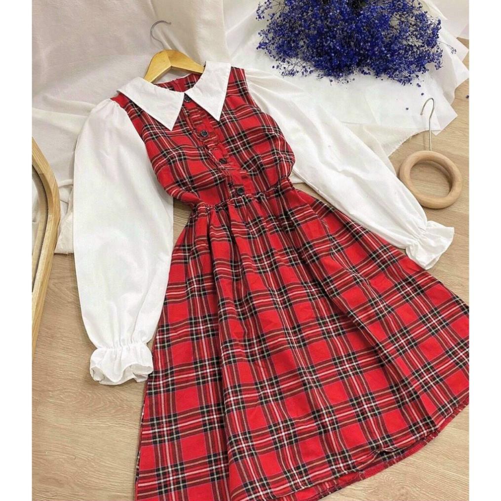 Váy Babydoll kẻ caro đỏ cổ sen 🦋 Đầm Nữ Tay Bồng Dáng xòe thích hợp mặc tết !