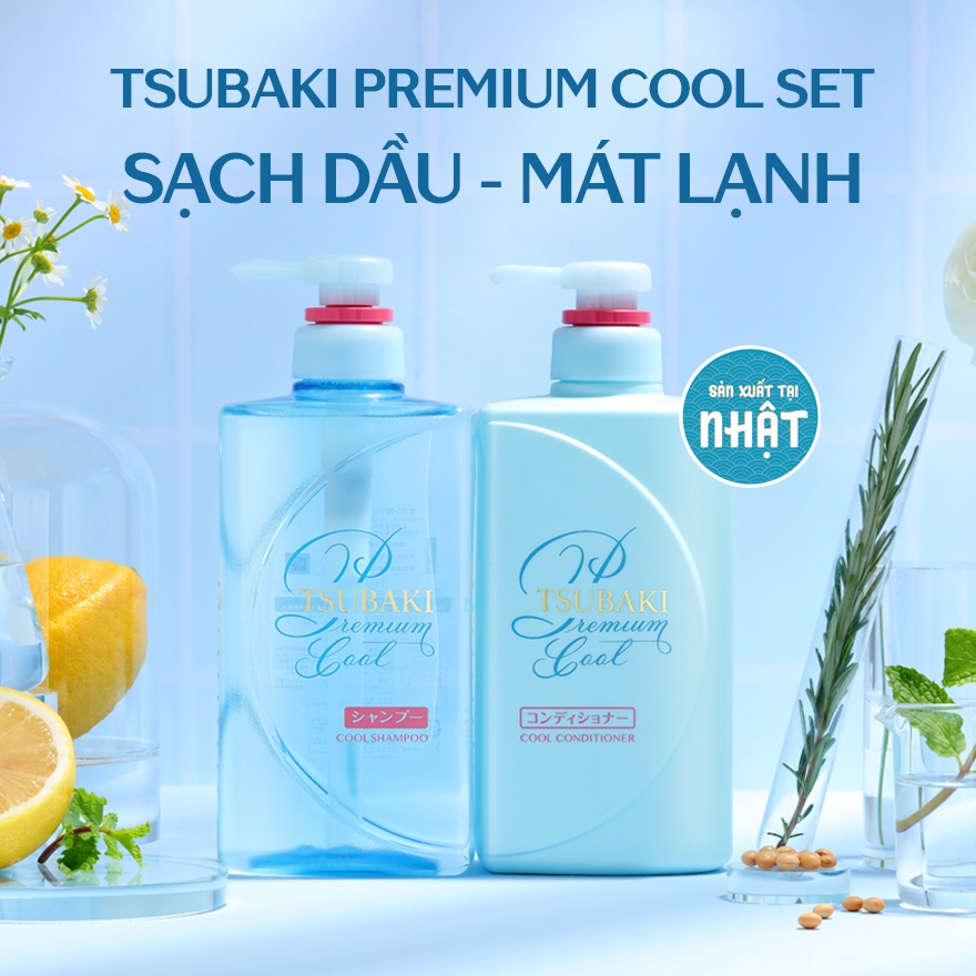 Bộ Đôi Gội Xả Sạch Dầu Mát Lạnh Tsubaki Premium Cool Set Xanh (490ml/Chai)