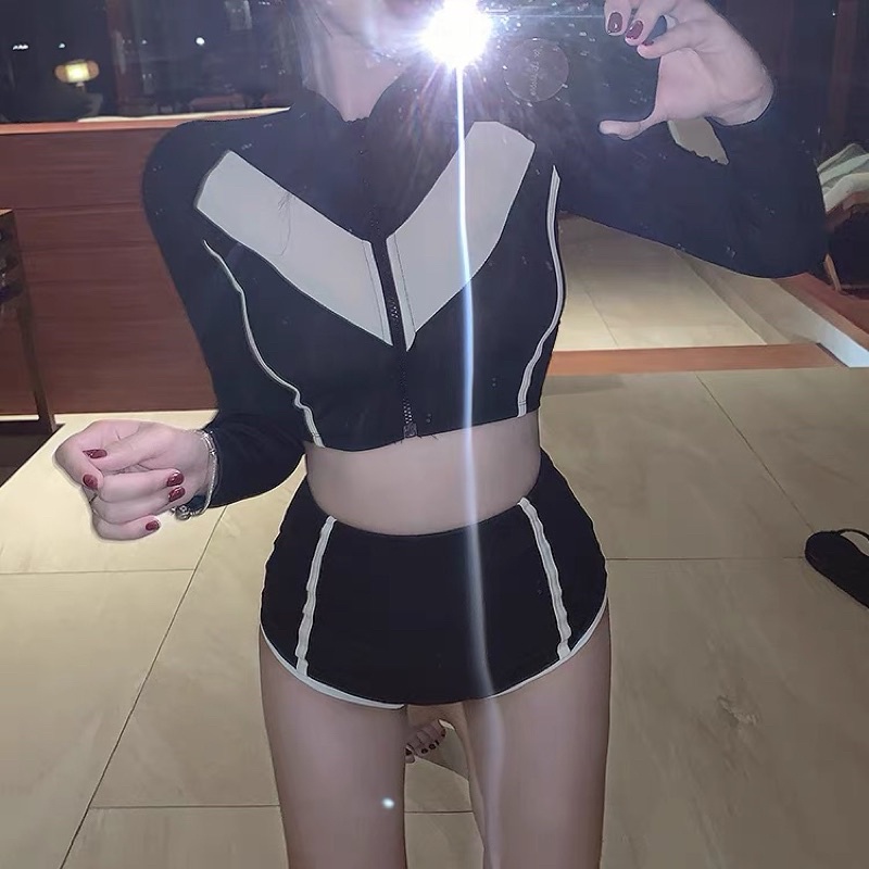 Đồ bơi bikini dài tay nữ áo croptop quần cạp cao xanh trắng