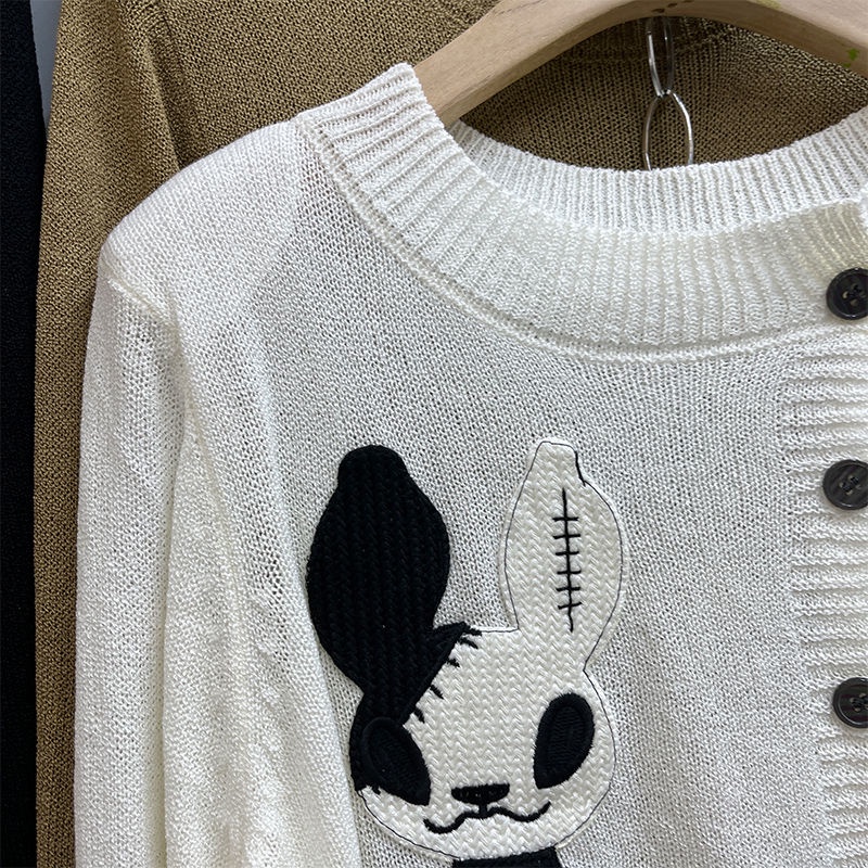 Áo Cardigan Dệt Kim Tay Dài Kẻ Sọc Thêu Hình Thỏ Phong Cách Hàn Quốc Thời Trang Mùa Thu Cho Nữ