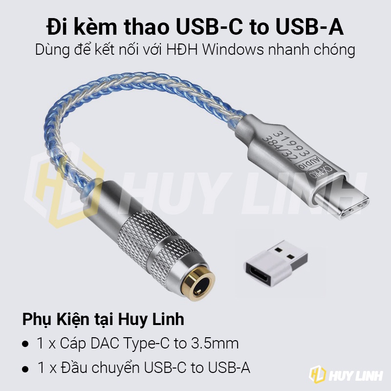 DAC Jack chuyển Type-C to 3.5mm - Chip CX31993 kèm USB-C to USB-A sử cho Windows/Android