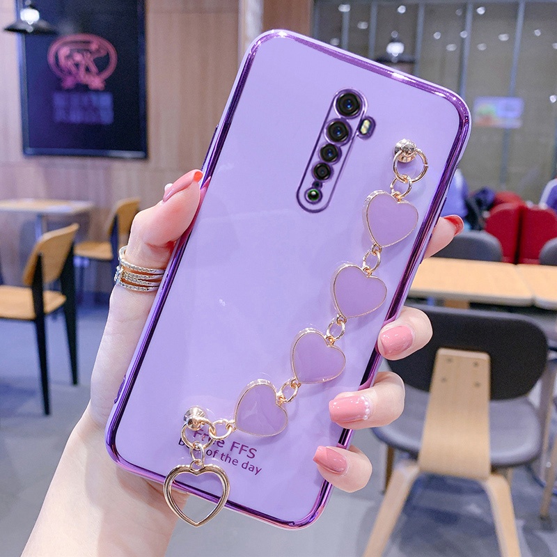Ốp lưng Oppo Reno 2F oppo reno2 f Ốp điện thoại silicon mềm có dây đeo chuỗi trái tim cho Oppo Reno 2F