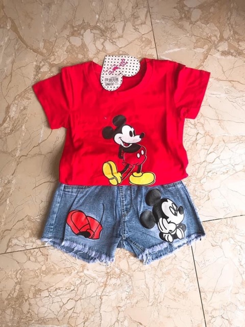 Set bộ quần áo cotton quần bò mickey cho bé gái