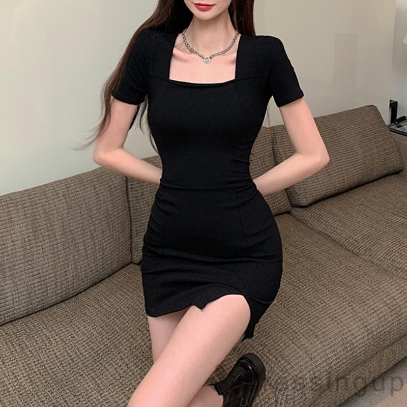 Đầm Ngắn Tay Trễ Vai Màu Sắc Đơn Giản Quyến Rũ Cho Nữ