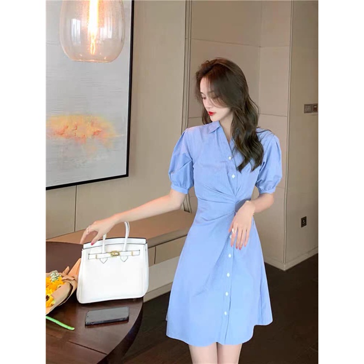 Váy sơ mi nhún eo tay bồng cách điệu lịch sự nhã nhặn YAME