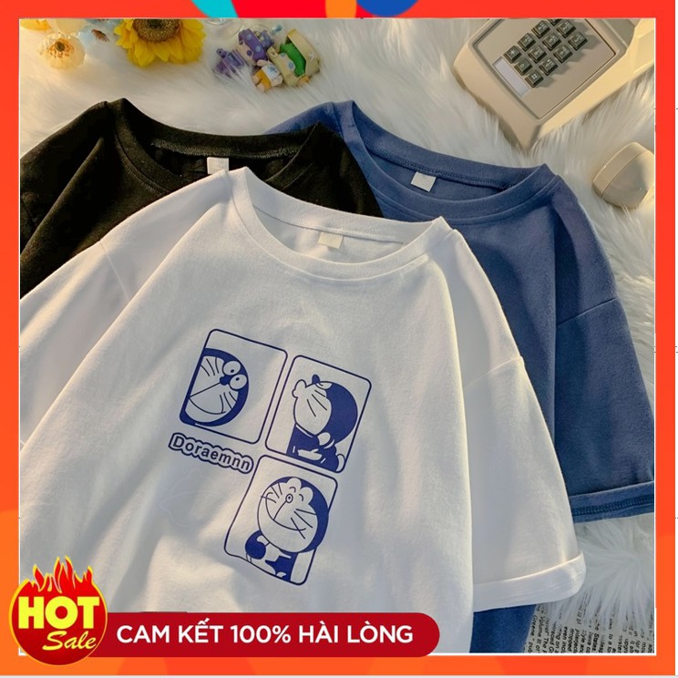 Áo phông form dáng rộng oversize, áo thun tay lỡ unisex in hình Doraemon chất cotton cực mát cho mùa hè