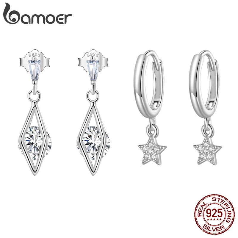 Khuyên tai BAMOER bạc 925 đính đá zircon thời trang với nhiều kiểu tuỳ chọn
