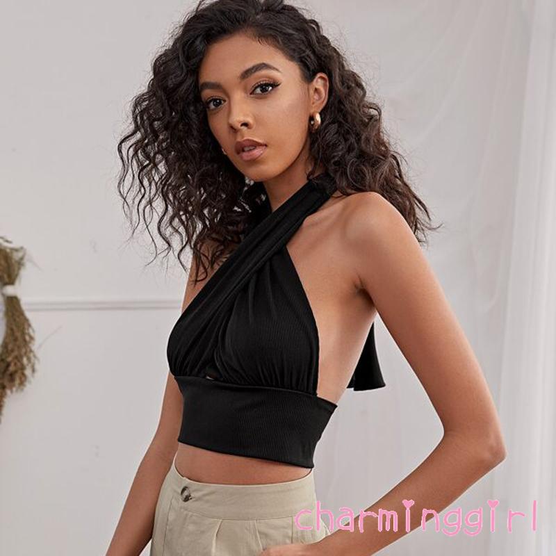 Áo Croptop Không Tay Cổ Yếm Màu Trơn Thiết Kế Quyến Rũ Thời Trang Cho Nữ