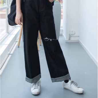 [Bigsize] Quần Suông Dài Ống Rộng, Đen Trơn/ Rách 1 Gối, Lưng Cao Qua Rốn, Không Giãn