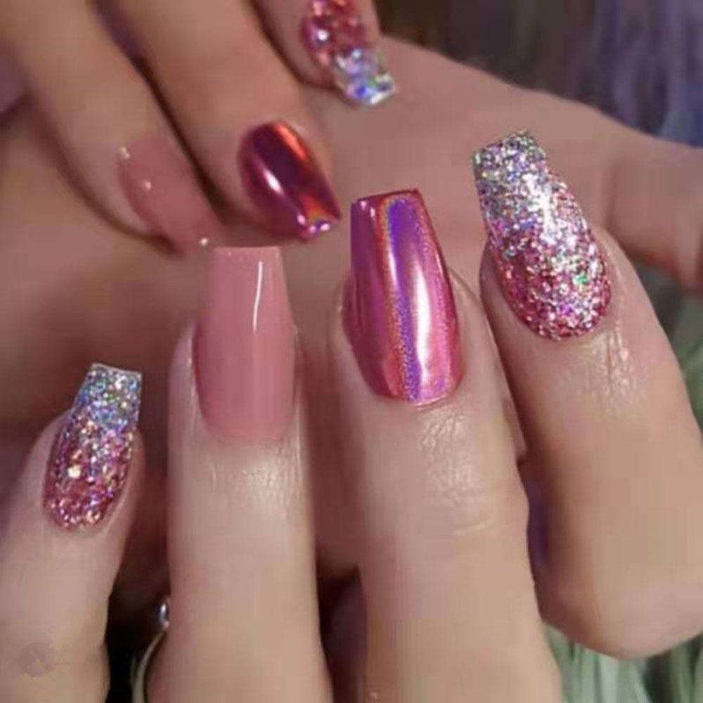 Hộp 24 Móng Tay Giả Màu Hồng Lấp Lánh Thời Trang Cho Nữ