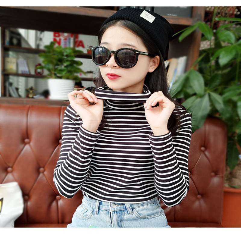 Áo thun cổ rùa tay dài phối kẻ sọc thời trang cho nữ