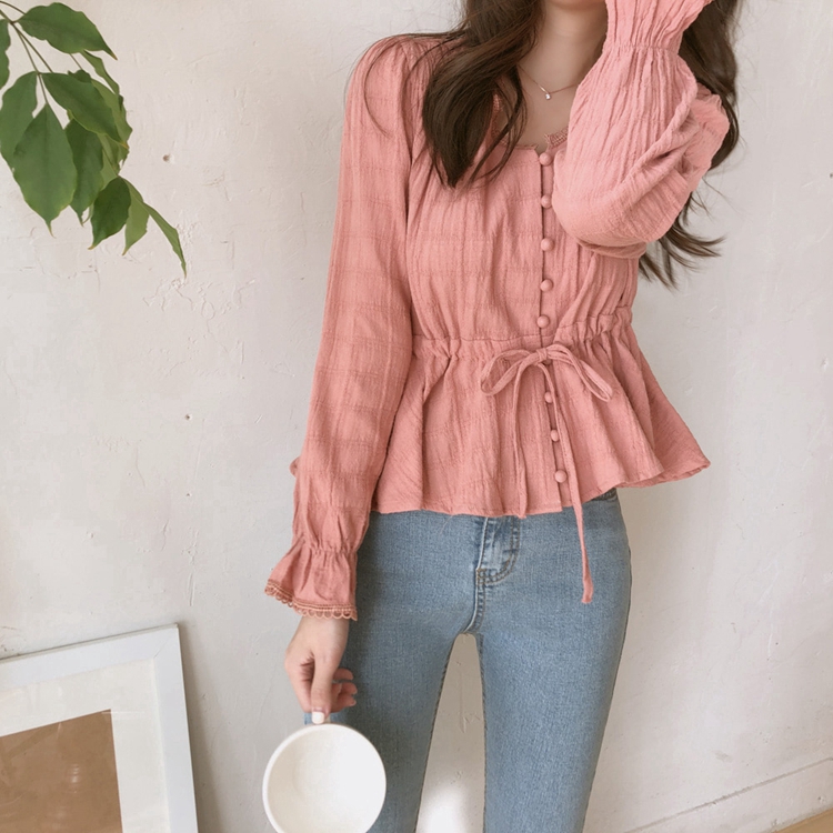 SUXI Áo nữ tay dài cổ chữ V thời trang phong cách Hàn Quốc