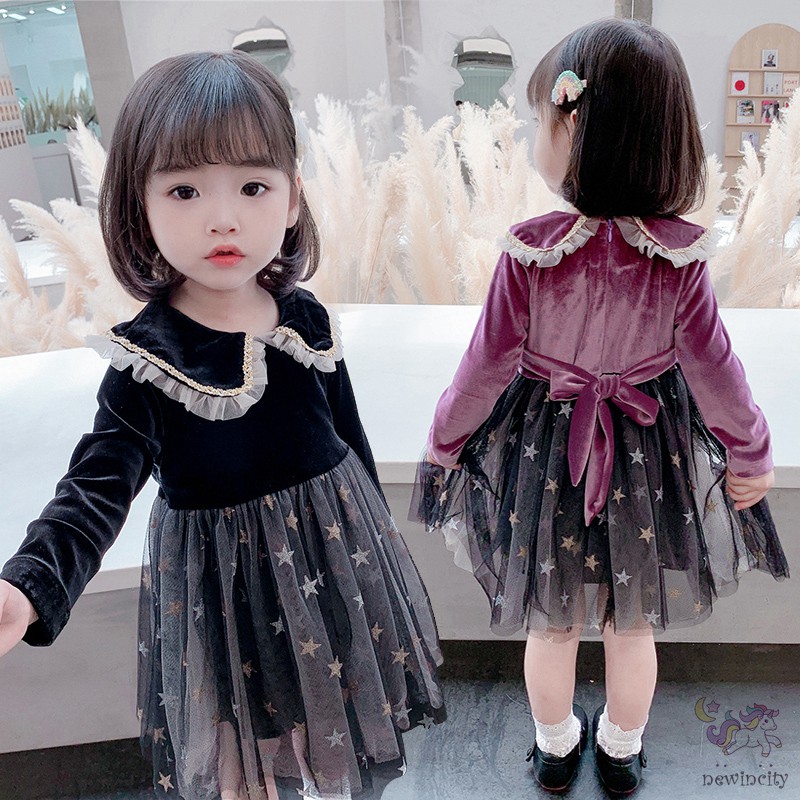 Đầm Tay Dài Phối Lưới Phong Cách Hàn Quốc Cho Bé Gái