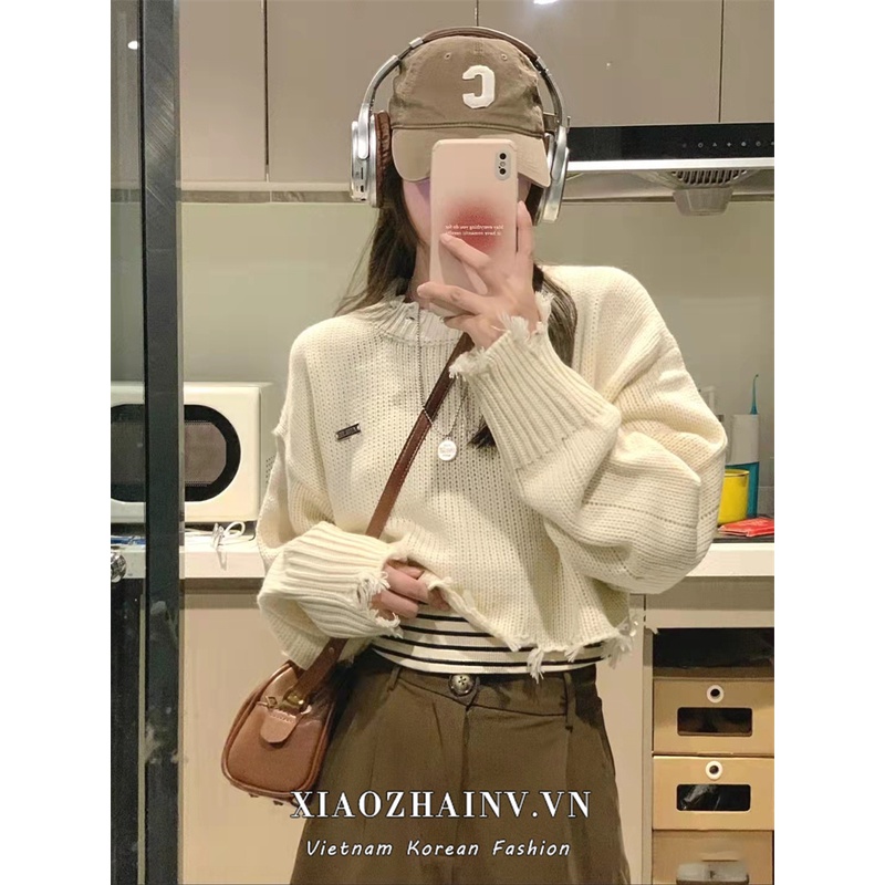 Áo croptop dệt kim XIAOZHAINV tay dài phong cách retro Hàn Quốc xinh xắn cho nữ